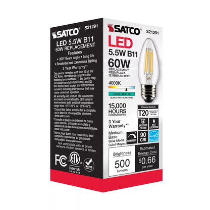 Satco S21291 - 5.5 Watt B11 LED Light Bulb - 4000K - 90CRI - 120 Volt (6 Pack)