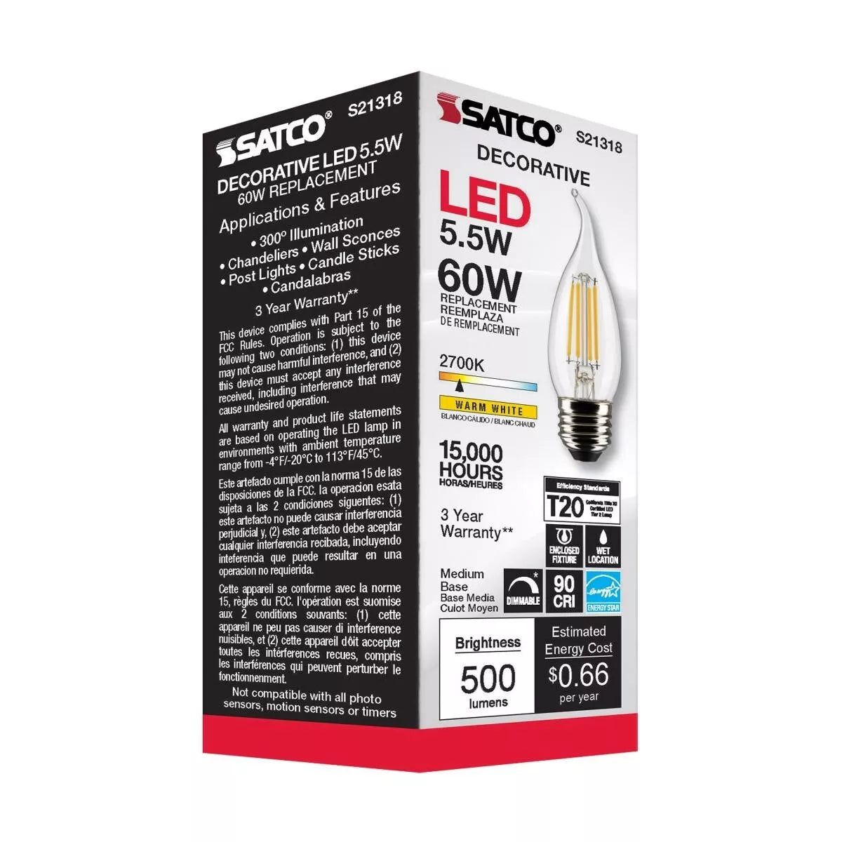 Satco S21318 - 5.5 Watt CA10 LED Light Bulb - 2700K - 90CRI - 120 Volt (6 Pack)