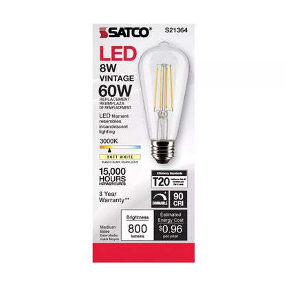 Satco S21364 - 8 Watt ST19 LED Clear Light bulb - 90 CRI; 3000K (6 Pack)