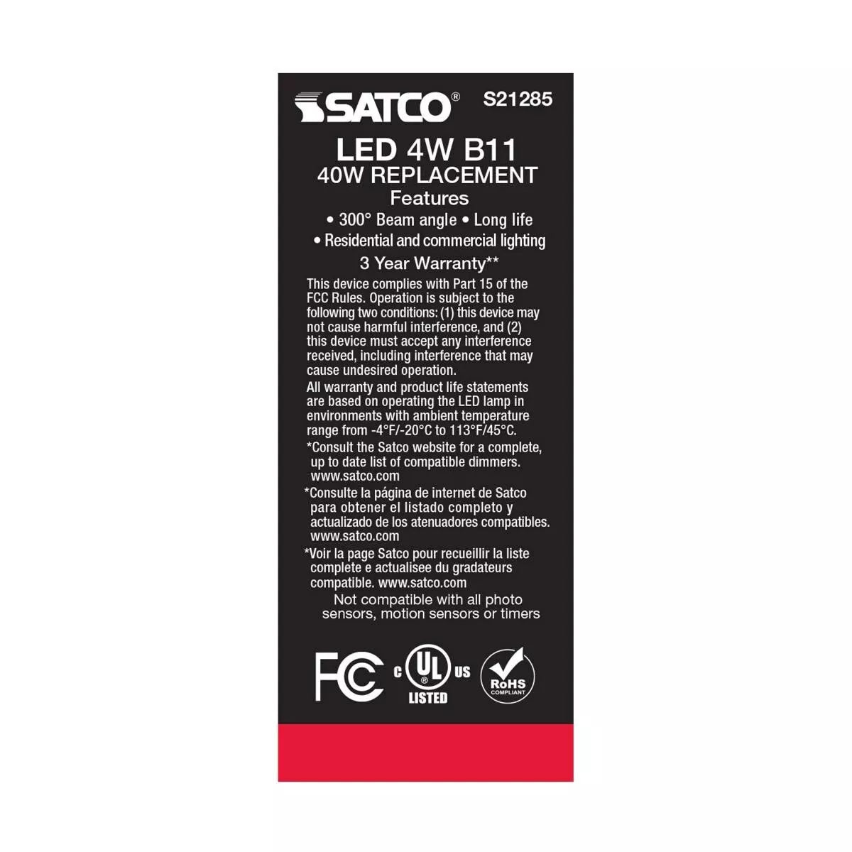 Satco S21285 - 4 Watt B11 LED Light Bulb - 3000K - 90CRI - 120 Volt (6 Pack)