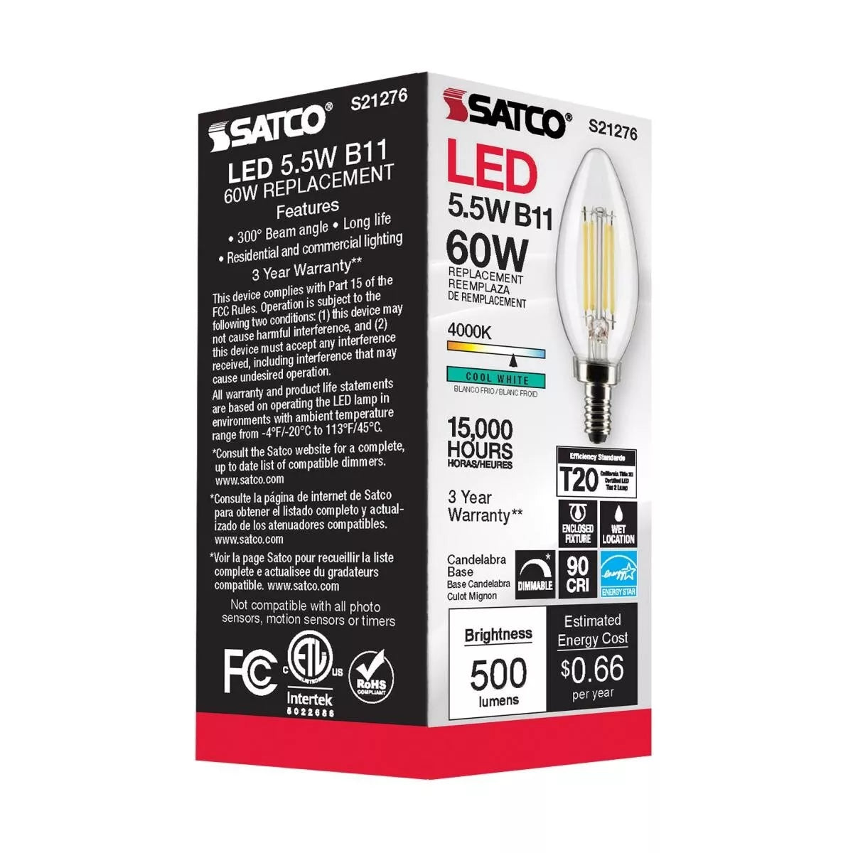 Satco S21276 - 5.5 Watt B11 LED Light Bulb - 4000K - 90CRI - 120 Volt (6 Pack)