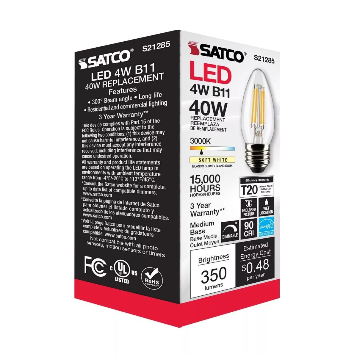 Satco S21285 - 4 Watt B11 LED Light Bulb - 3000K - 90CRI - 120 Volt (6 Pack)