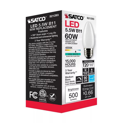 Satco S21293 - 5.5 Watt B11 LED Frosted Light Bulb - 4000K - 90CRI (6 Pack)