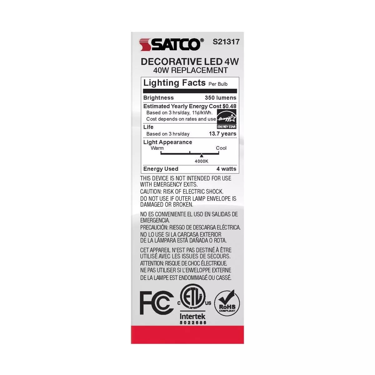 Satco S21317 - 4 Watt CA10 LED Frosted Light Bulb - 4000K - 90CRI (6 Pack)