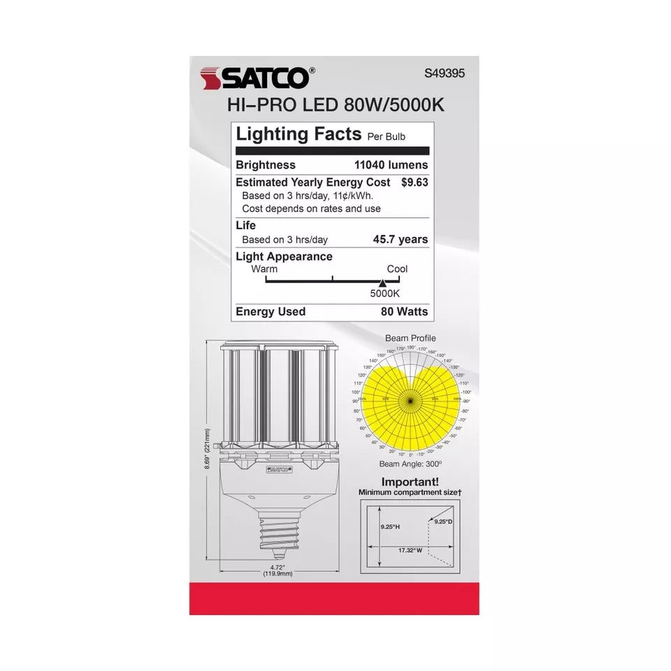 Satco S49395 - 80 Watt LED HID Replacement - 5000K - Extended Mogul base