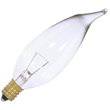 Satco S3868 - 25 Watt CA10 Incandescent; Clear; 1500 Average rated hours; 250 Lumens; Candelabra base; 12 Volt (12 Pack)