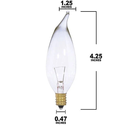 Satco S3868 - 25 Watt CA10 Incandescent; Clear; 1500 Average rated hours; 250 Lumens; Candelabra base; 12 Volt (12 Pack)