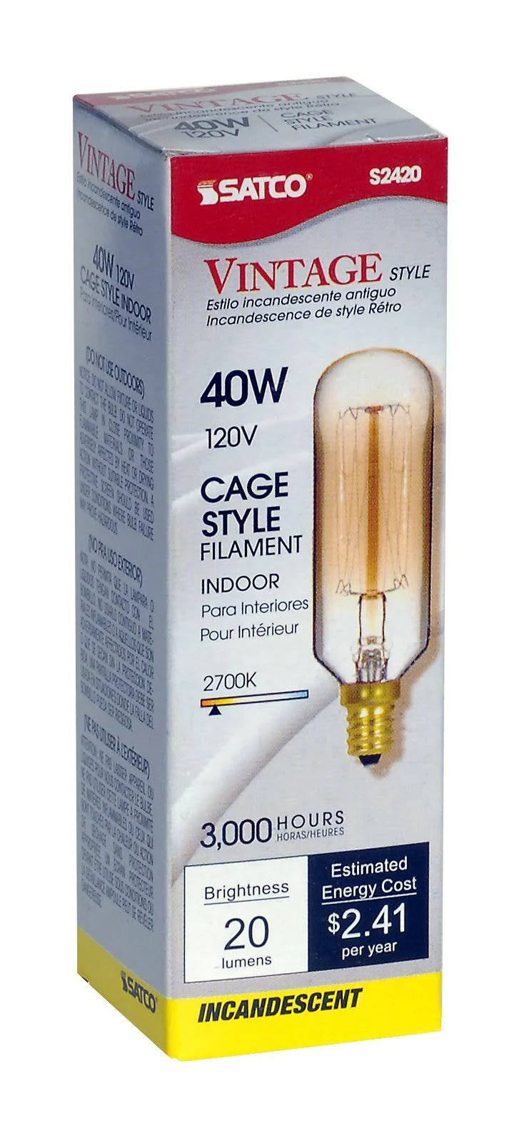 SATCO S2420 40W 120V T9 Incandescent Light Bulb Clear Gold Vintage E12 Candelabra Base (6 Pack)