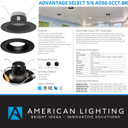 American Lighting - AD56-5CCT-BK Advantage Select 15W LED Recessed Downlight -Black