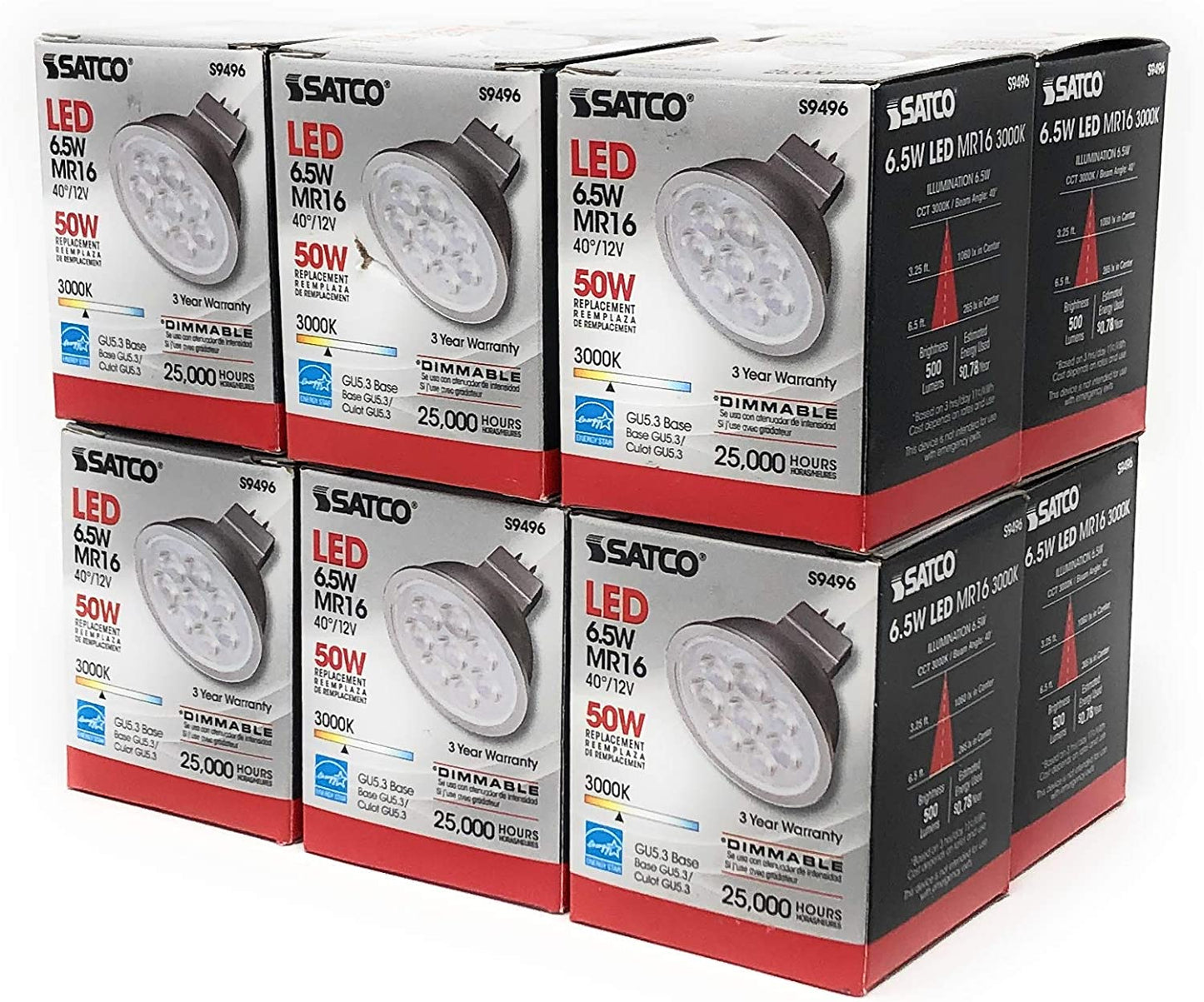 Satco S9496 - 6.5 Watt MR16 LED Bulbs - 12 Volts - 3000K (12 Pack)